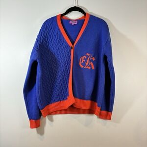 Edikted Women's Oversized Varsity Cardigan Sweater‎ Knit Logo Blue Orange XS/S